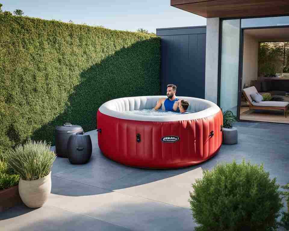 An inflatable hot tub set up on a concrete patio, surrounded by greenery and with a person relaxing inside, enjoying the warmth of the water.