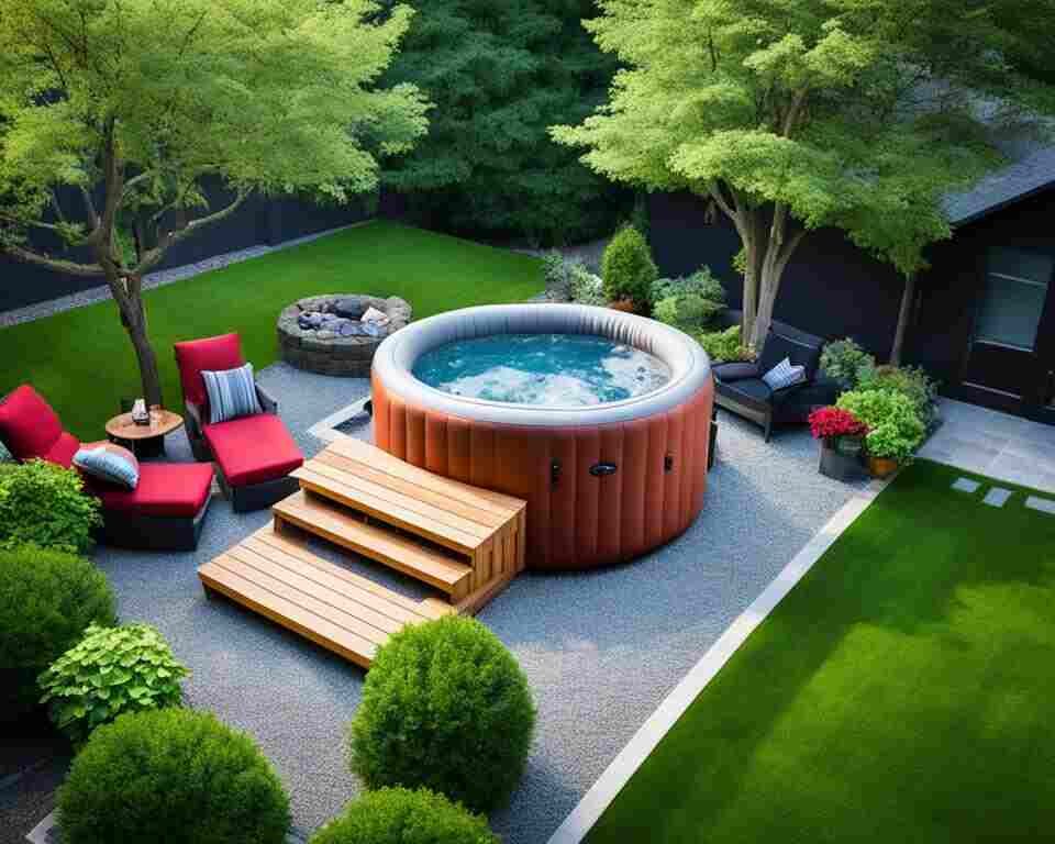 An aerial view of a serene backyard setting with an inflatable hot tub placed on a gravel bed.