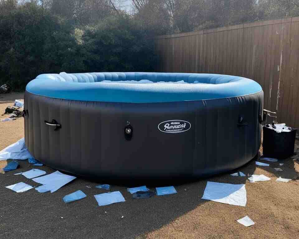 An inflatable hot tub with multiple patches and tears on its surface, surrounded by sharp objects and debris. 