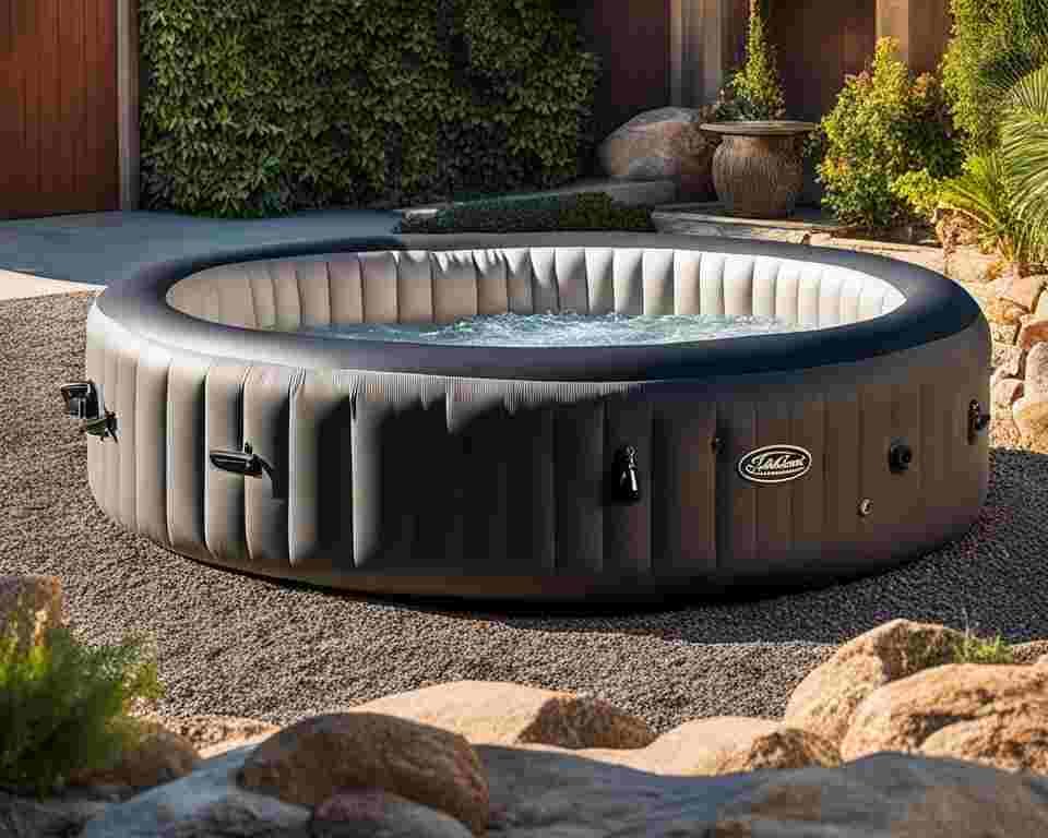 An inflatable hot tub on a patio, placed on a gravel foundation.