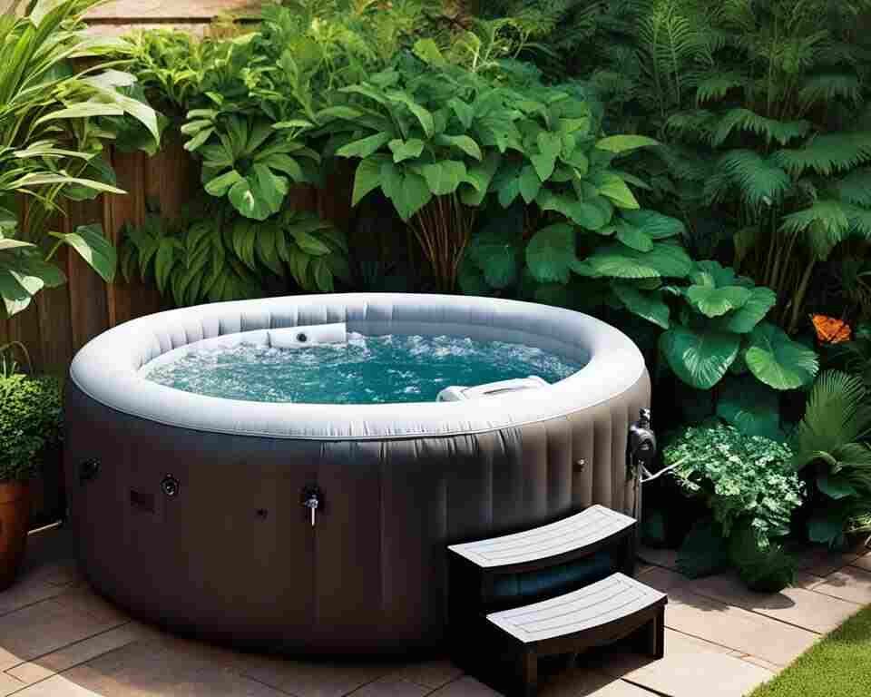 A cozy backyard setting with an inflatable hot tub as the focal point. The tub is filled with steamy water and surrounded by lush greenery. A small control panel on the side of the tub shows the temperature set to a comfortable 102°F.