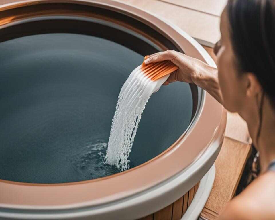 A woman removing a filter from an inflatable hot tub.