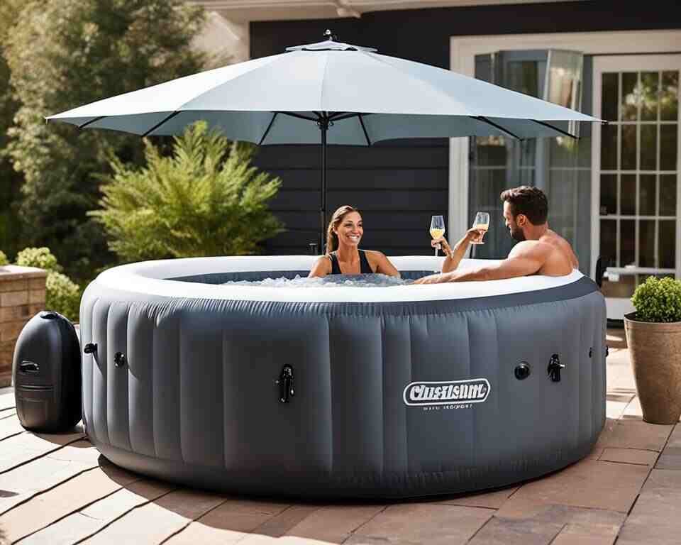A couple enjoying their backyard inflatable hot tub in cooler weather.