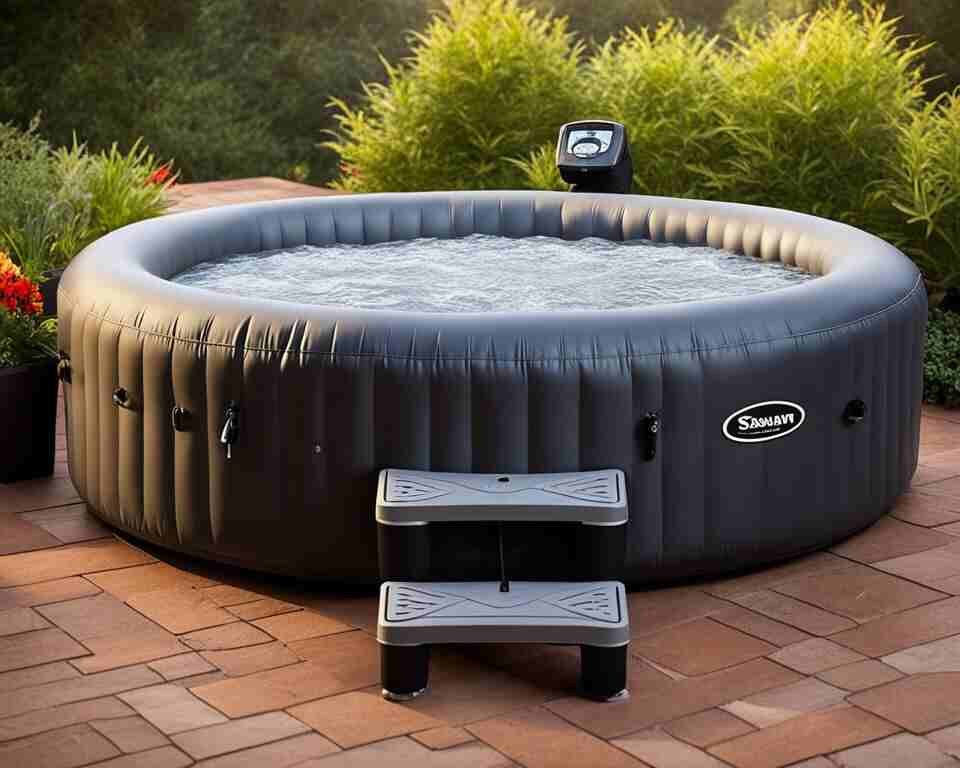 An inflatable hot tub on a backyard patio, being heated up prior to entry.