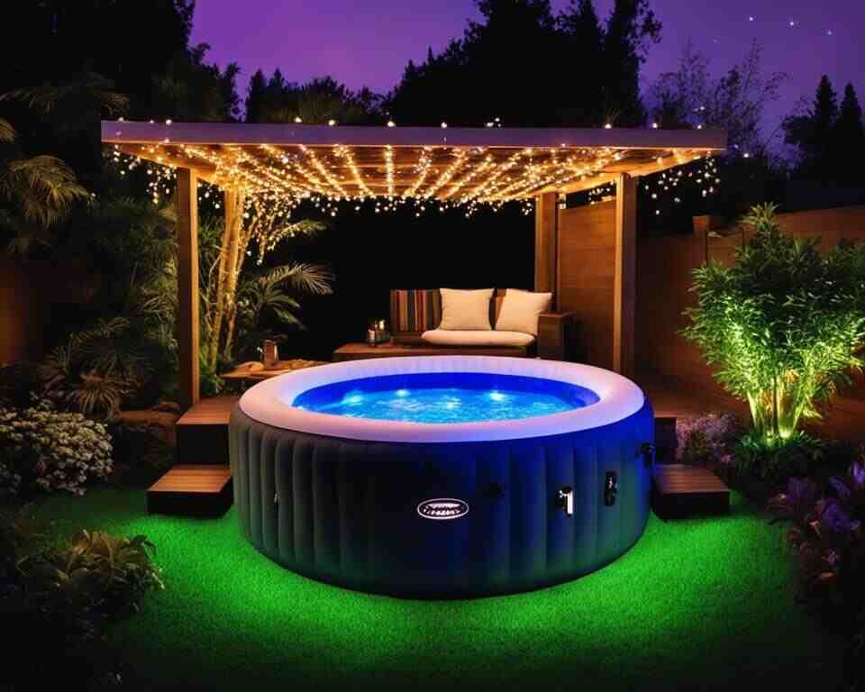 An inflatable hot tub with colorful lights.