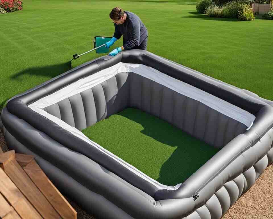 A person using a level tool to mark out the boundaries for their inflatable hot tub on the ground. 
