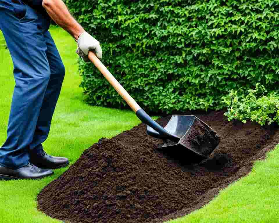 A person using a shovel to remove dirt from an uneven ground surface in their backyard.