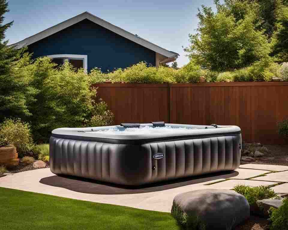 An inflatable hot tub teetering on a slight incline, in a backyard setting.