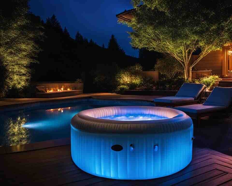 An inflatable hot tub at night, illuminated by soft blue lights.