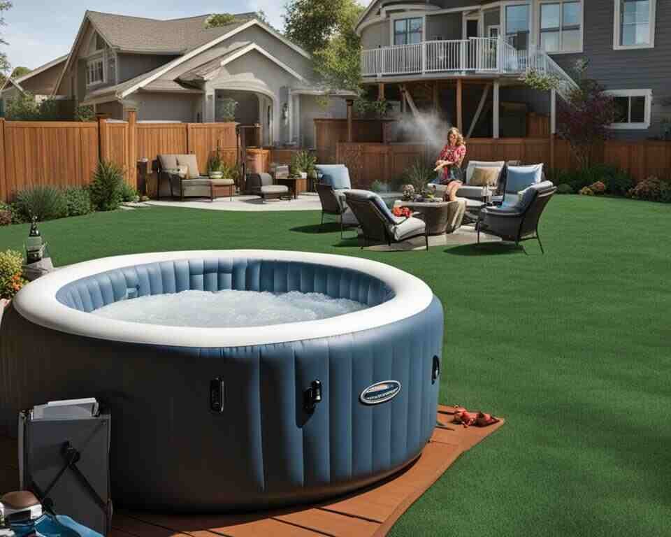 A suburban backyard with an inflatable hot tub in the center.