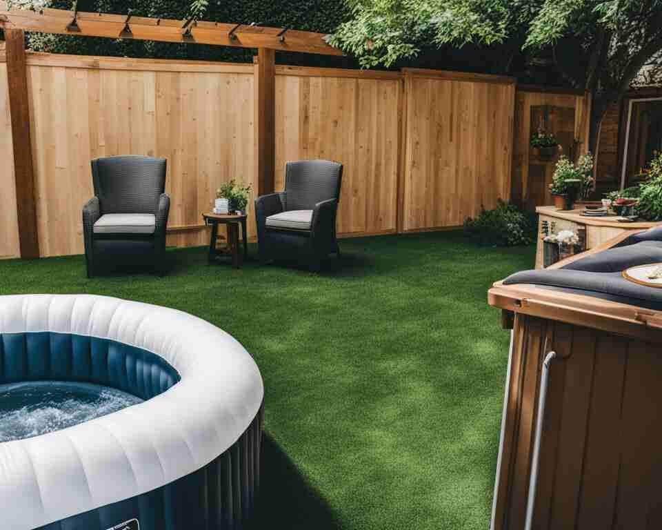 An inflatable hot tub setup without a permit, in a backyard setting.
