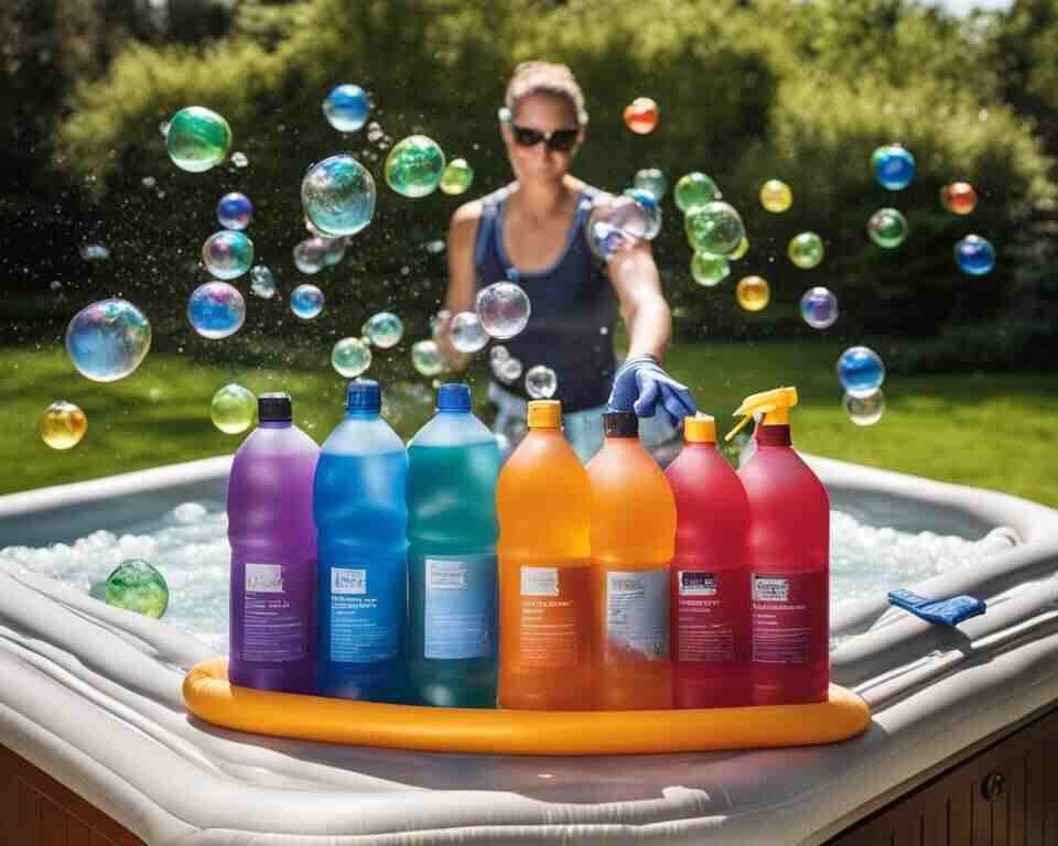 A person adding chemicals while standing next to an inflatable hot tub.