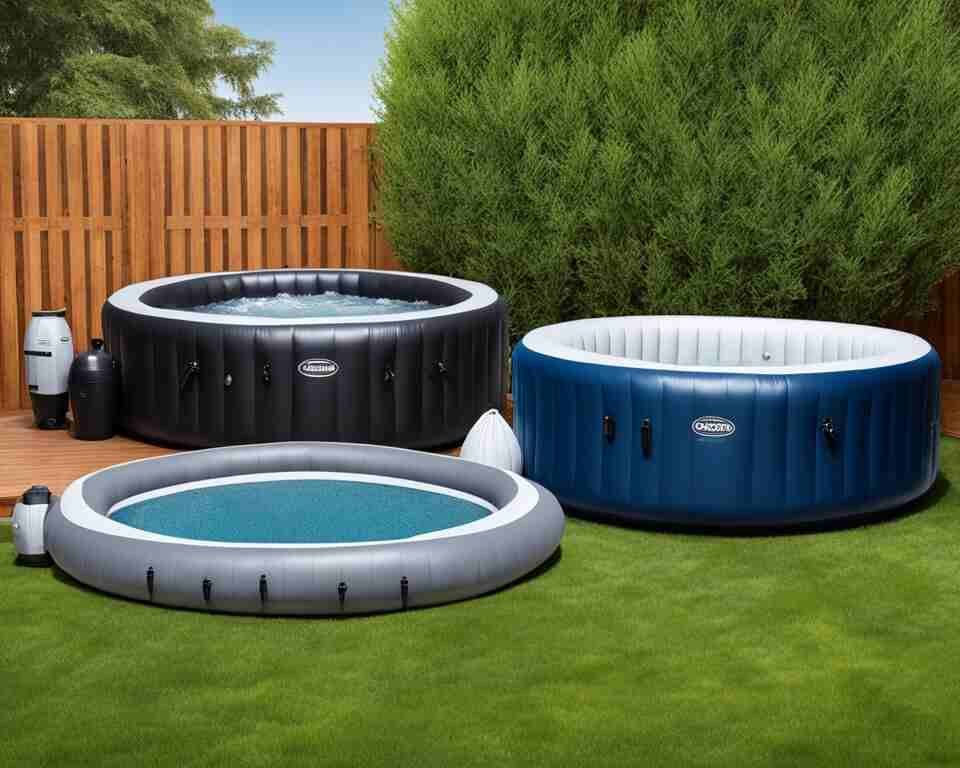A backyard with three inflatable hot tubs of varying sizes and shapes in comparison side by side.