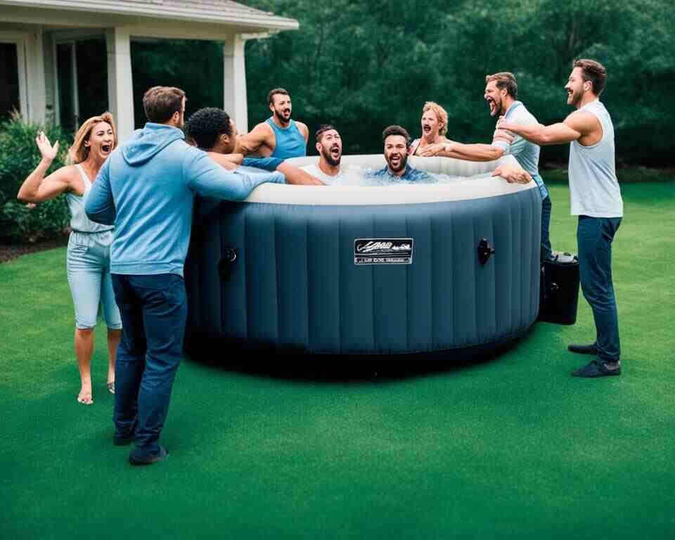 A group of people struggling to lift an inflatable hot tub, with one person looking surprised at the weight.