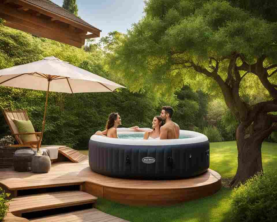Three people having a good time in an inflatable backyard hot tub. 