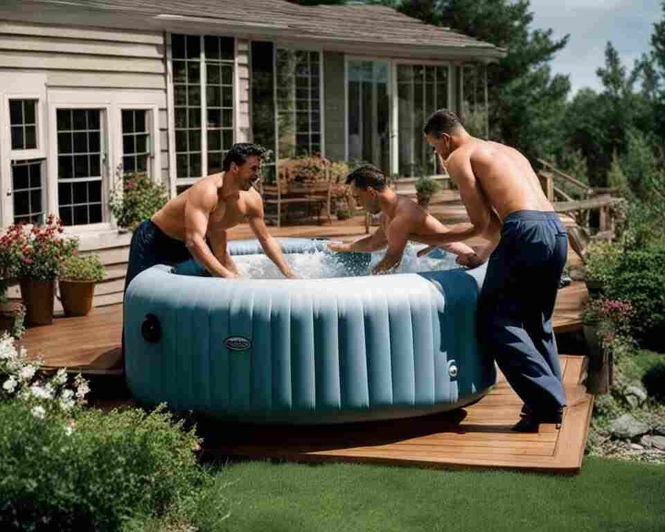 Three men struggling to lift an inflatable hot tub, onto a wood deck.