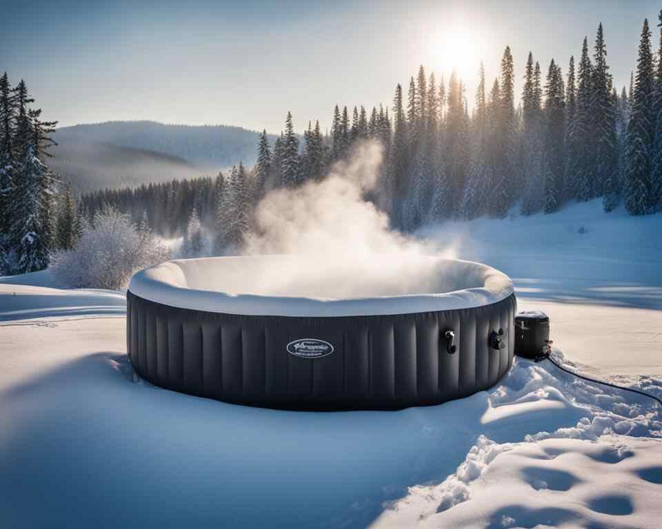 An inflatable hot tub with steam rising from the water's surface, surrounded by a snowy winter landscape.