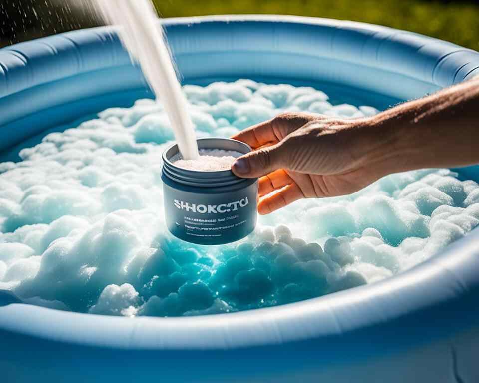 A person holding a container of shock treatment powder over the hot tub water.