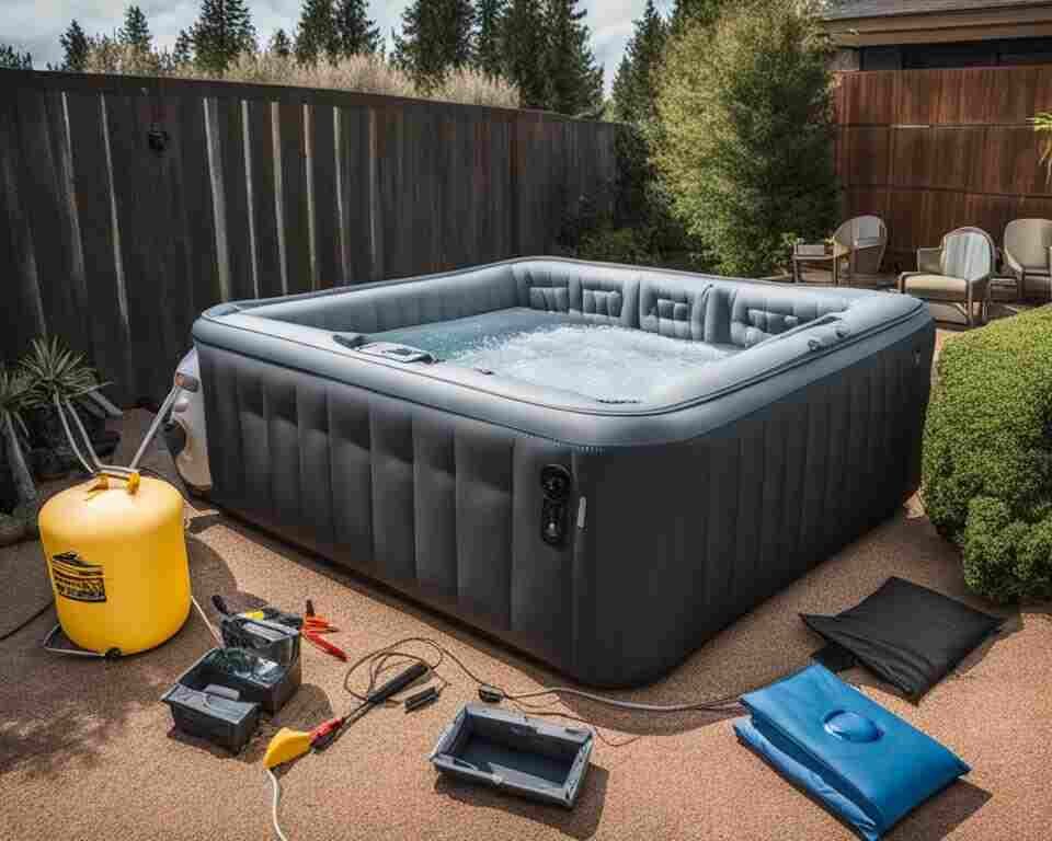 An inflatable hot tub with a tripped circuit breaker lying on the ground, surrounded by tools and equipment.