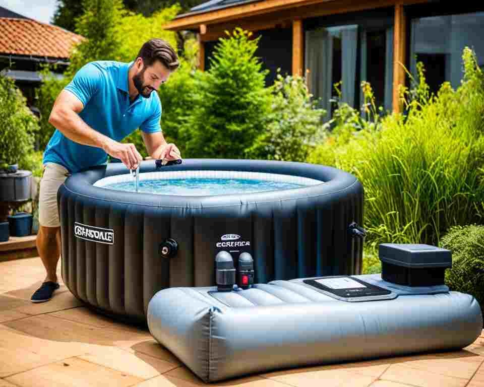 A person holding a wrench tightening a bolt on the side of an inflatable hot tub pump.