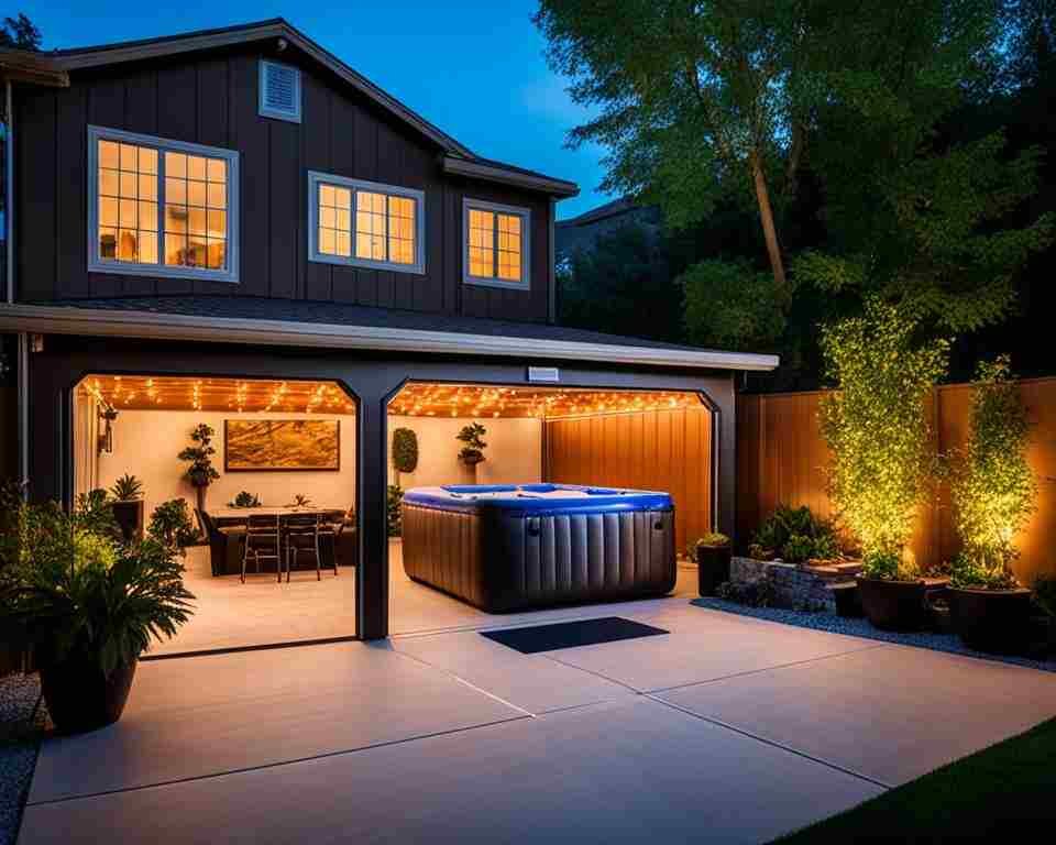 A spacious garage with a neat layout, containing an inflatable hot tub.