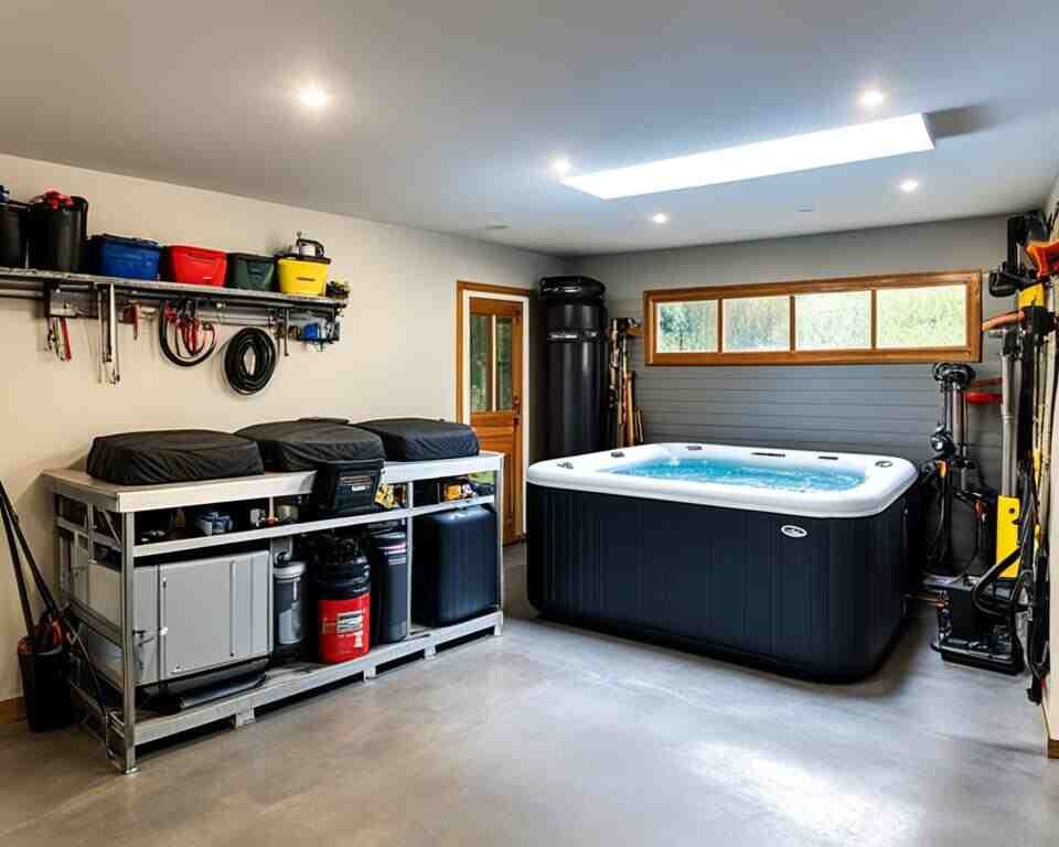 A garage with ample space for an inflatable hot tub, featuring a sturdy concrete floor, a nearby electrical outlet, and enough height clearance for easy relaxation.
