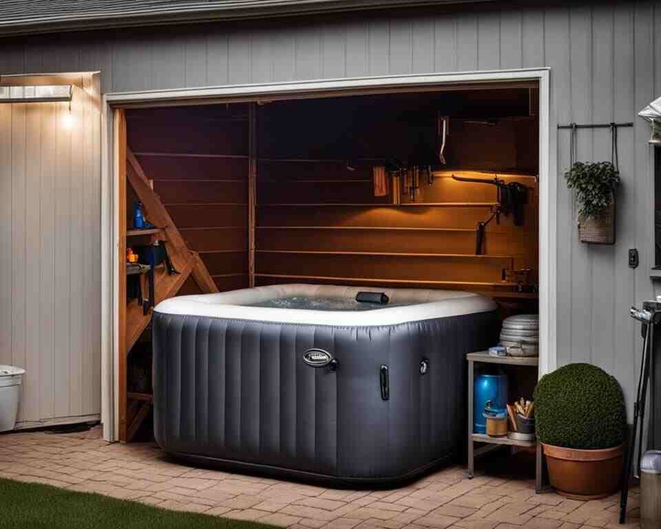 An inflatable hot tub with bubbles steaming in a dimly lit garage surrounded by tools and storage items.