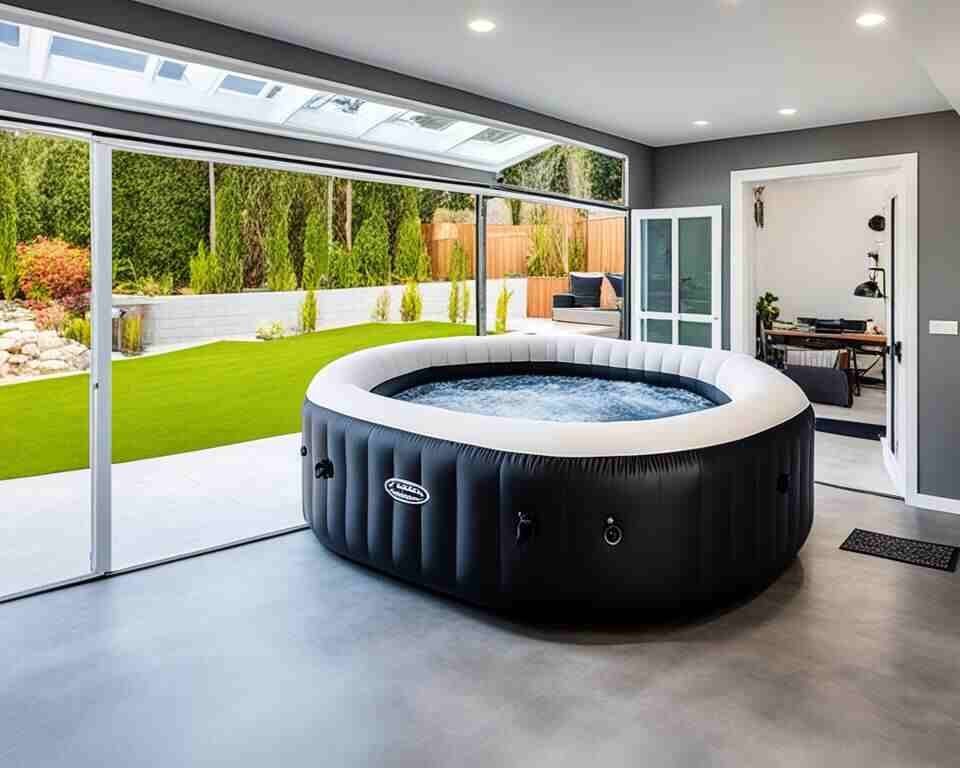 An inflatable hot tub placed in a spacious garage with tall ceilings. The garage has good ventilation with natural light coming in from the windows on the sides. 