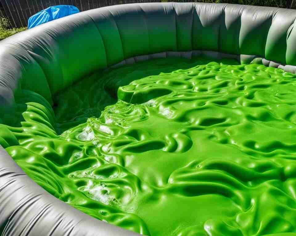 A close-up view of a deflated and dirty inflatable hot tub with green slime covering its surface.