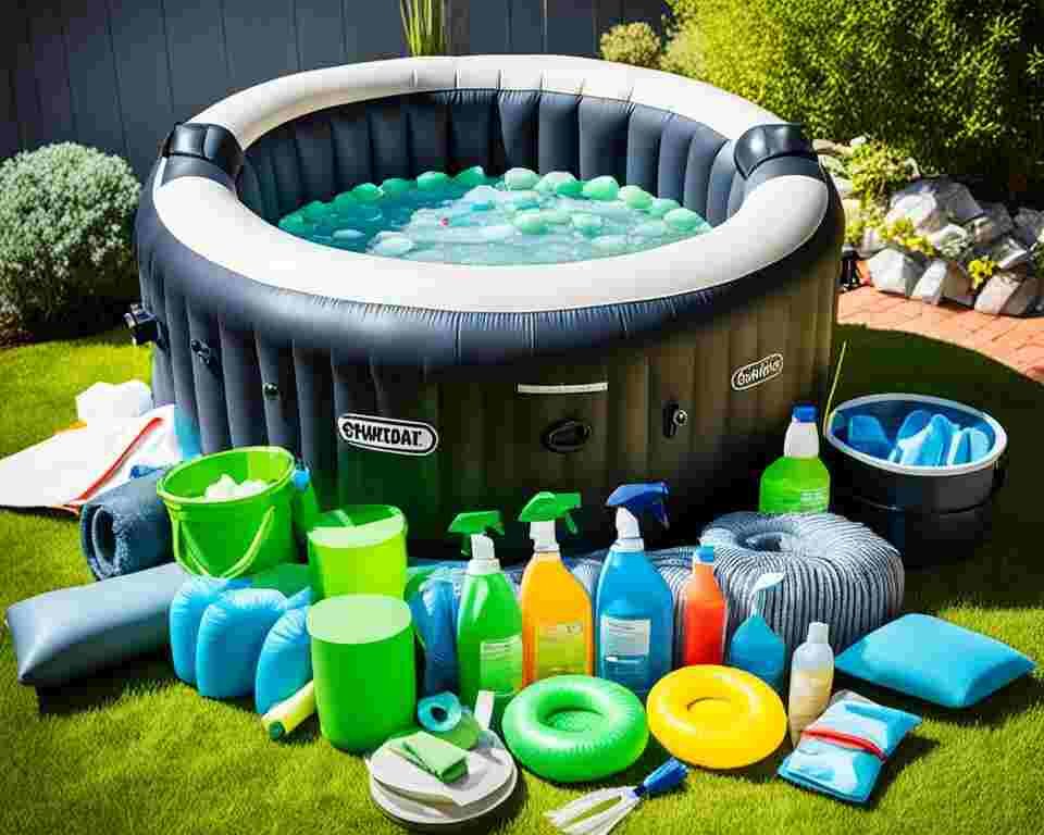 An inflatable hot tub filled with slimy water, surrounded by cleaning supplies and tools.