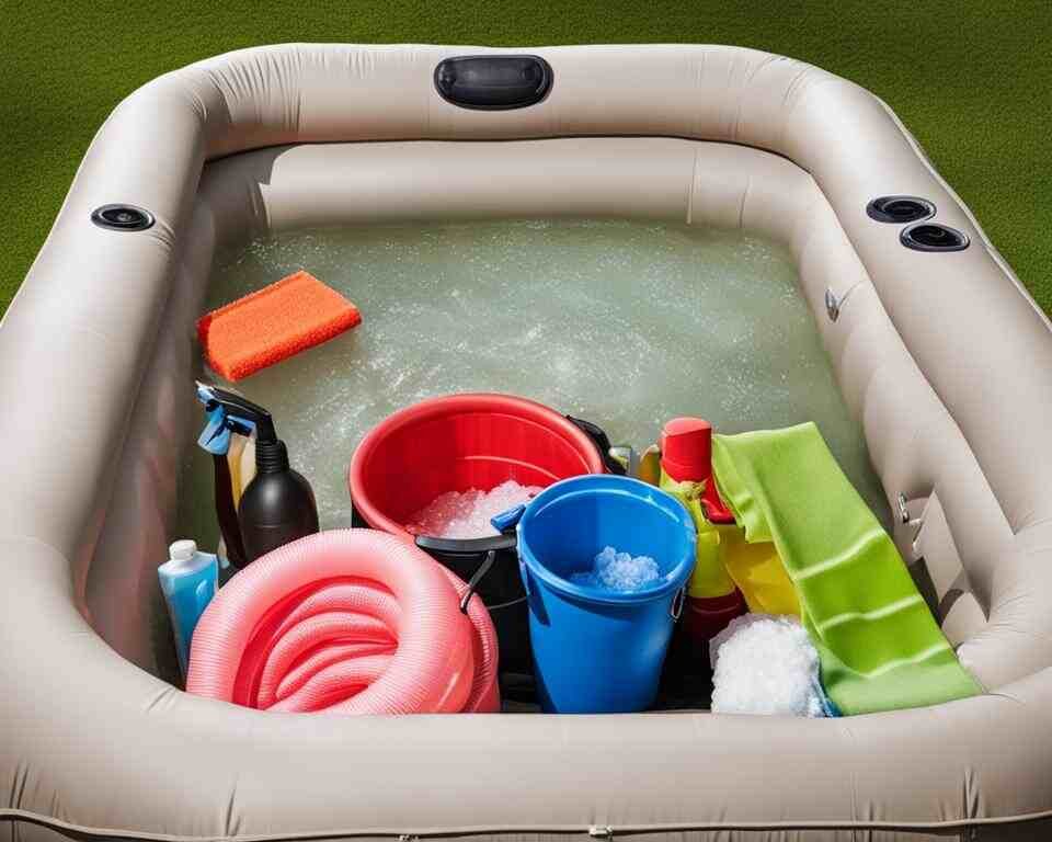 An inflatable hot tub filled with cleaning supplies and tools, for eliminating slime.