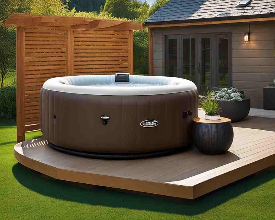 An inflatable hot tub in a backyard oasis.