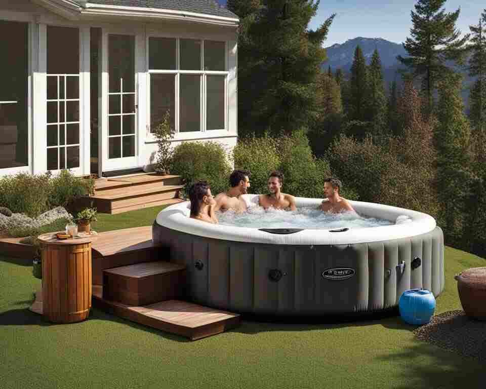 A group of friends relaxing in an inflatable hot tub on their backyard patio.
