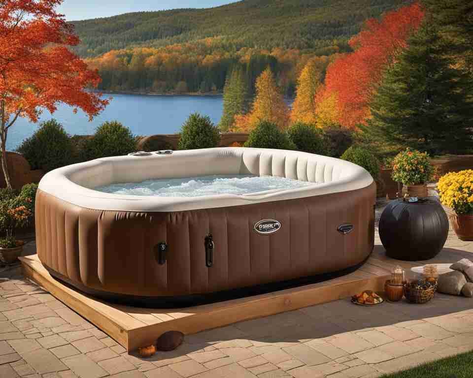 A durable inflatable hot tub on a backyard deck overlooking a lake.