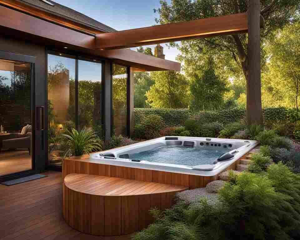A sleek and modern rigid foam hot tub, nestled in a beautifully landscaped backyard oasis. 