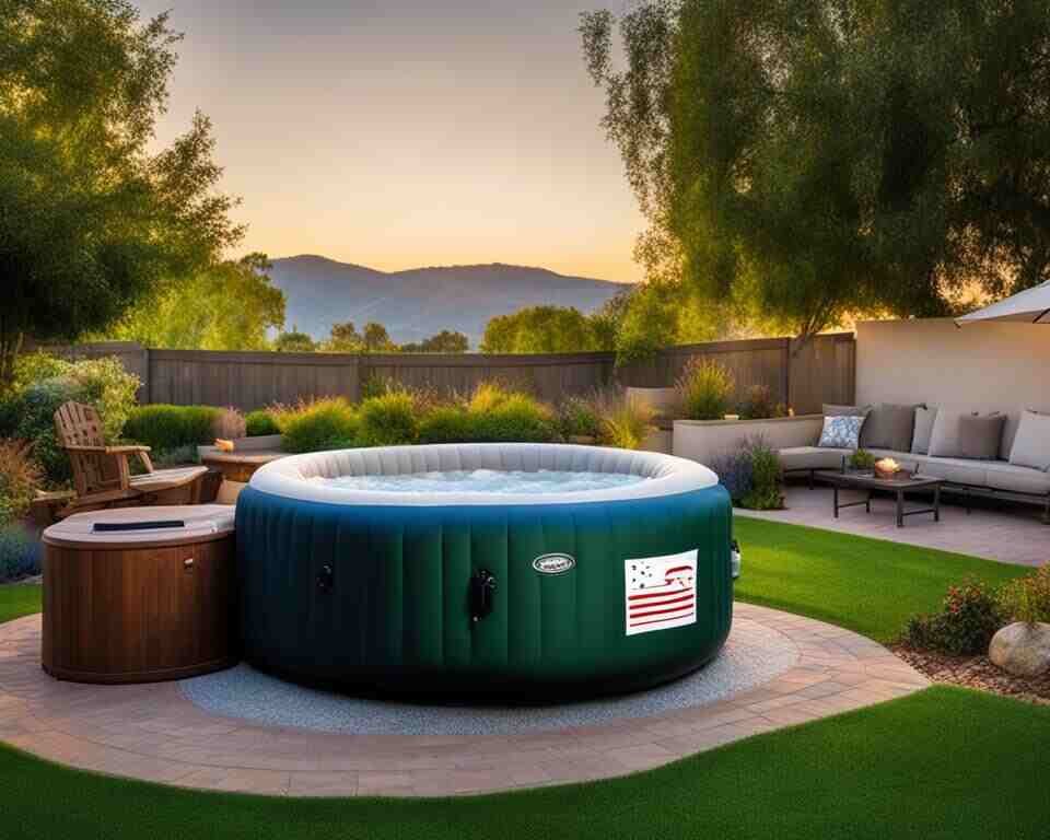 A serene backyard oasis featuring an inflatable hot tub with the California state flag subtly incorporated into the design. 