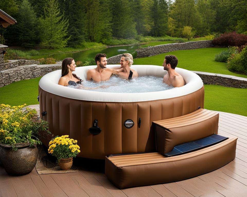 An inflatable hot tub with a group of people having a good time in a California backyard.