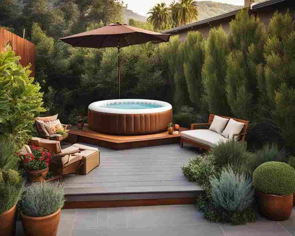 A serene backyard with a deck and an inflatable hot tub in California.