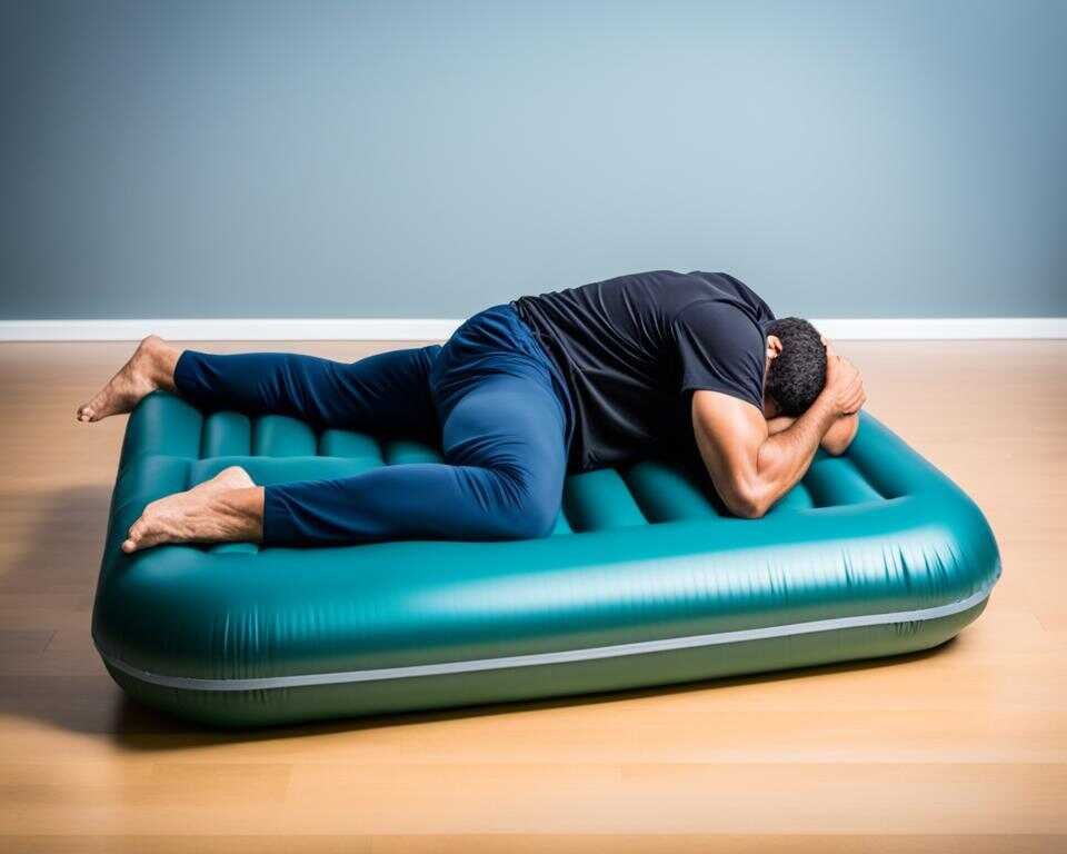 A person lying on an air mattress on their stomach with a visibly unsupported spine, wincing in pain.