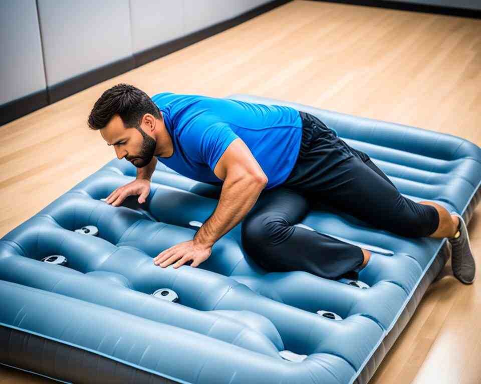 A man trying to get comfortable on an inflatable air mattress.