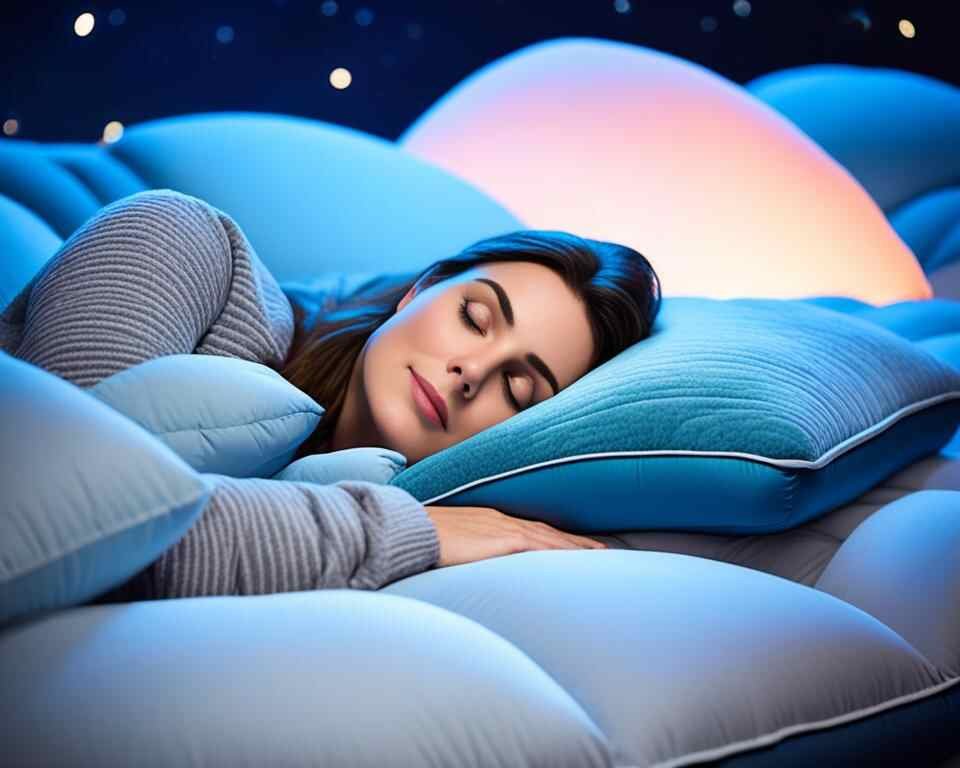 A person lying comfortably on an inflatable mattress, surrounded by fluffy pillows and blankets, with a serene night-time sky in the background.