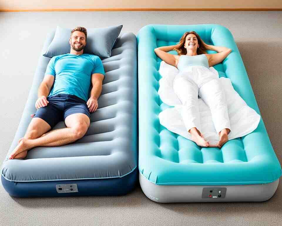 A man and a woman laying side-by-side on separate inflatable mattresses.