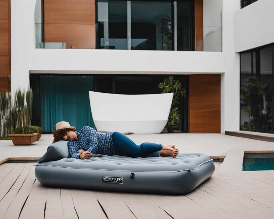 A man relaxing on an inflatable mattress, on his backyard patio.