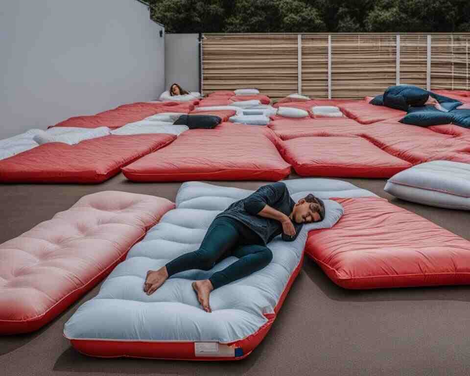 A person sleeping soundly on an inflated mattress while surrounded by traditional inflatable mattresses.