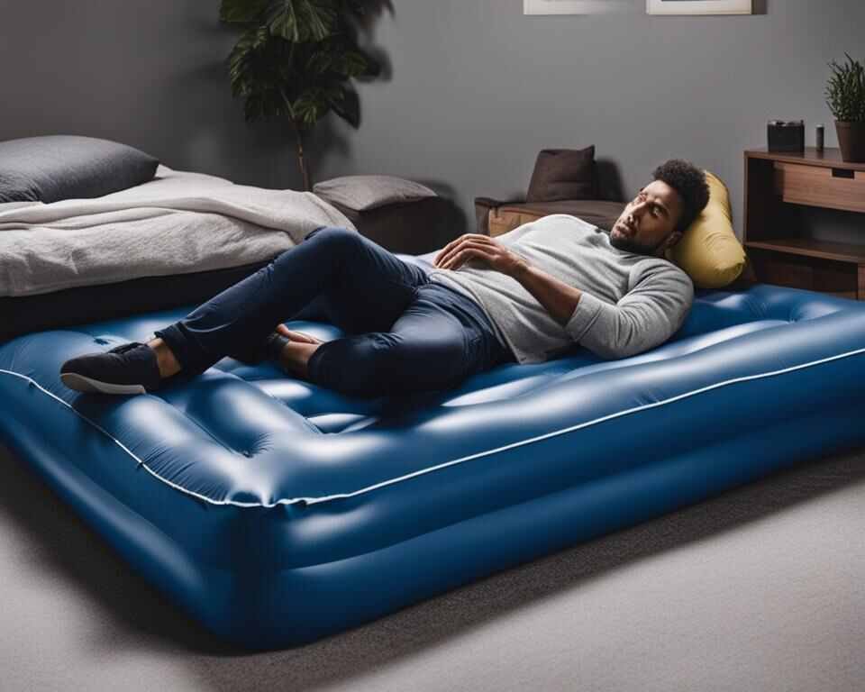 A [person trying to get some sleep on a poor quality inflatable mattress.