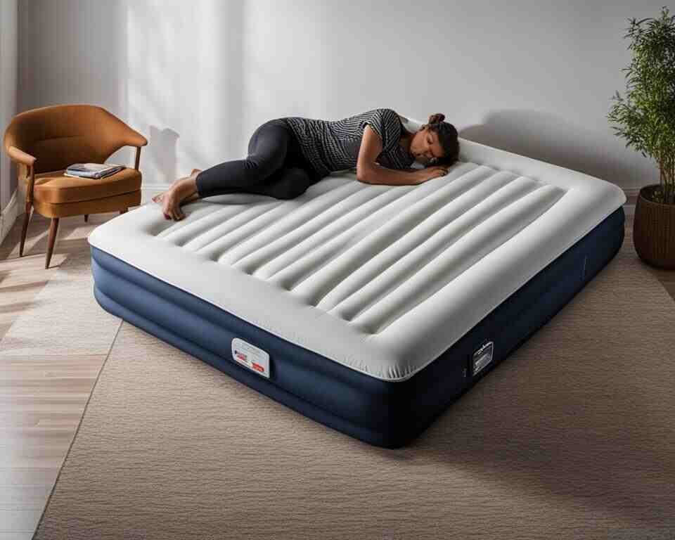 A person sleeping soundly on a high quality inflated mattress.