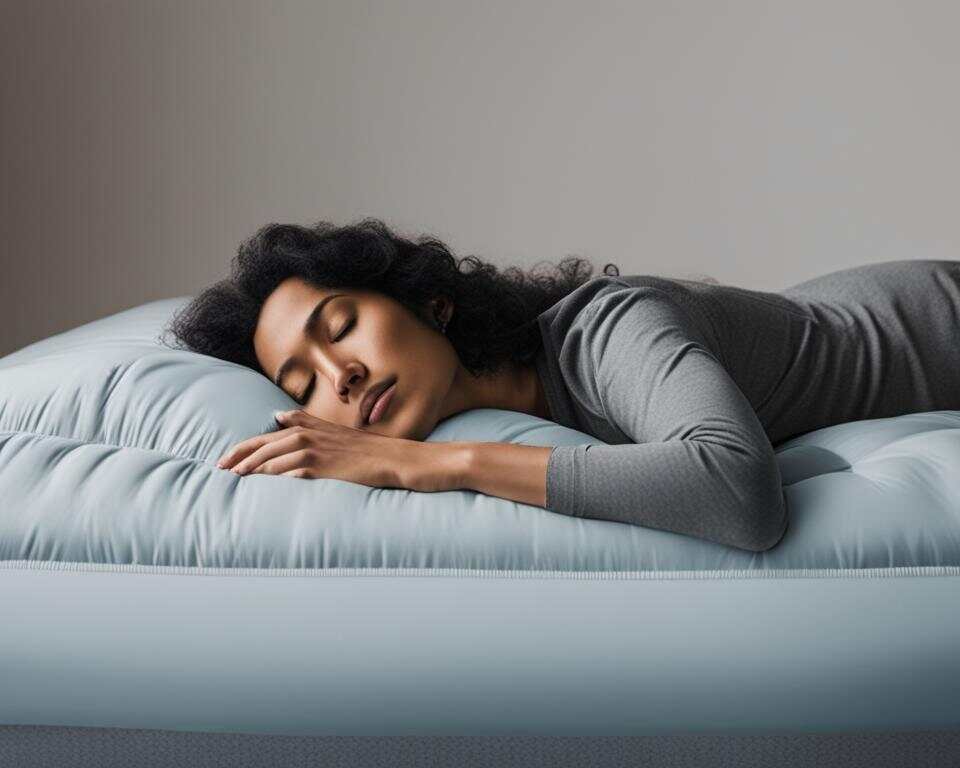 A person sleeping soundly on an inflated mattress.