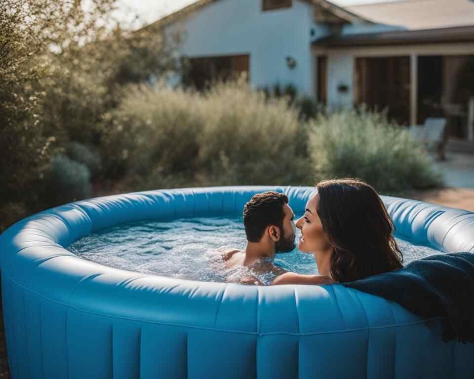 A couple sitting in an inflatable hot tub with bubbles, surrounded by clean and clear blue water. 