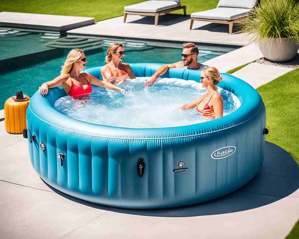A clean and sparkling sanitary inflatable hot tub, with crystal clear water with people in it.