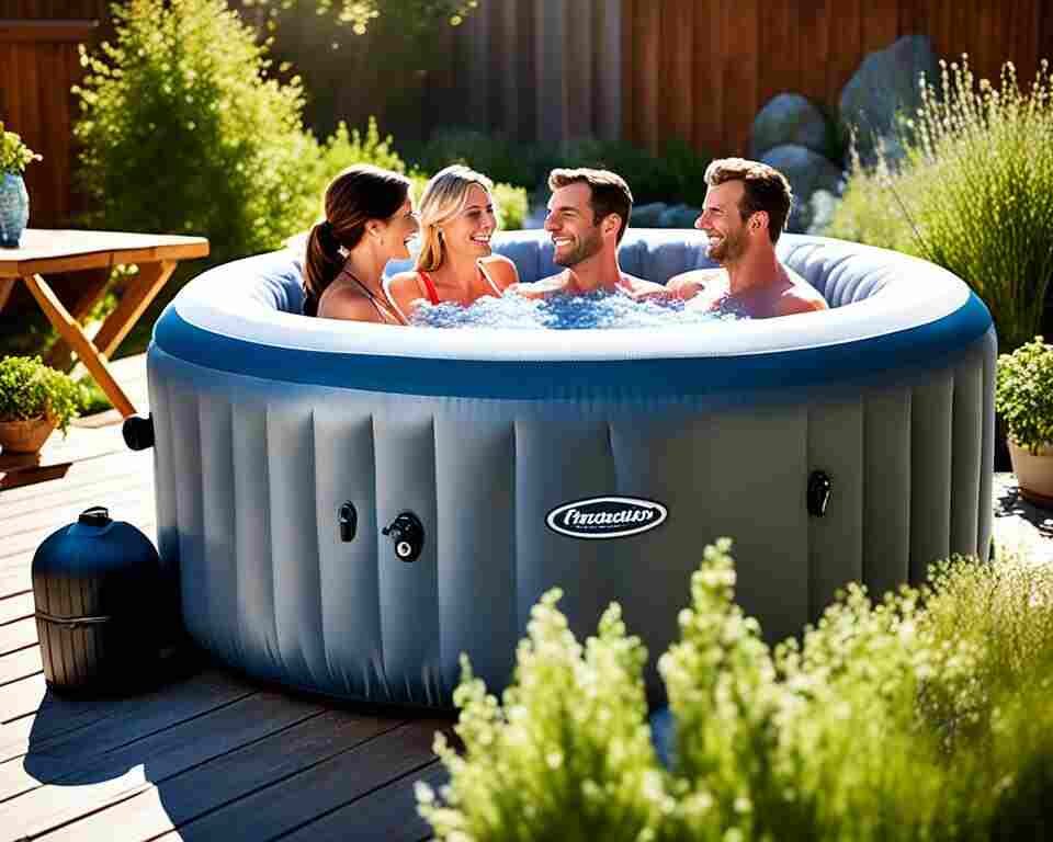 A group of friends enjoying an inflatable hot tub with an automatic shut-off feature.